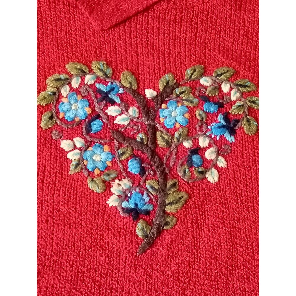 Coldwater Creek Vintage Red Knit Turtleneck Sweater Floral Embroidered Heart - Picture 6 of 7